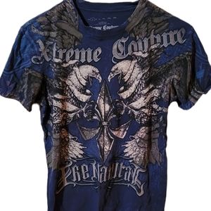 Mens xtreme couture short sleeve shirt. Blue with eagles. Size small